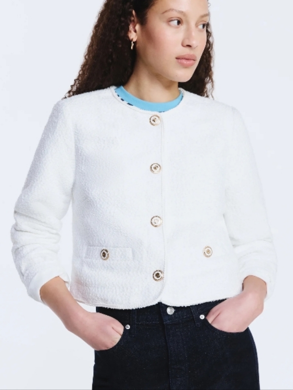 Free Assembly White Bouclé Nubby Crew Jacket Gold Buttons Size Large
